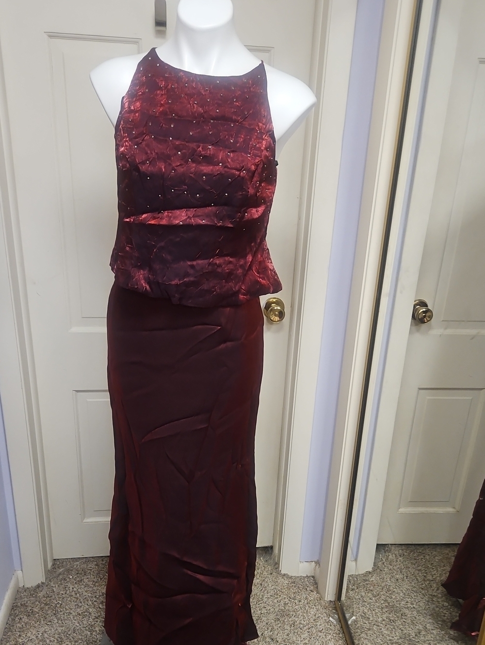 Holiday Burgundy 2 Piece Evening Dress Rhinestone Embellished Halter Top & Skirt